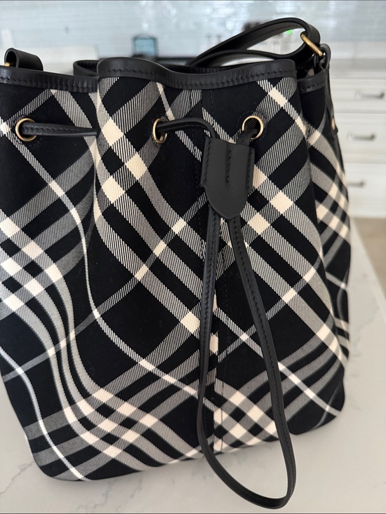 Handbags - Black & White Plaid Drawstring Shoulder Bag with Gold Accents
